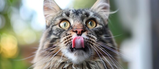 The mischievous feline is playfully sticking out its tongue in a cute manner, showing its playful side