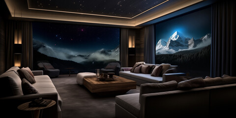  A contemporary home theater with reclining leather seats and a large screen, featuring a backdrop of a starry night sky visible through a skylight.