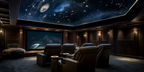  A contemporary home theater with reclining leather seats and a large screen, featuring a backdrop of a starry night sky visible through a skylight. - obrazy, fototapety, plakaty