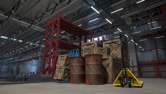 Industrial warehouse with wooden crates, rusted barrels, and yellow pallet jack used in supply handling distribution processes. Manufacturing facility used for goods production and storage, 3D render