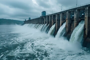 Dark dam with powerful waterfalls into the river