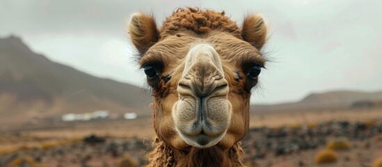 A curious camel with a long neck and humps gazes directly at the camera with a calm expression, standing in a sandy desert landscape