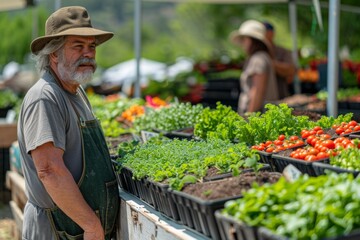 A man in a wide-brimmed hat standing proud among an assortment of vegetable plants at a sunny farmers' market.