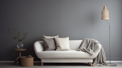 A cozy reading nook with a soft white sofa nestled against a minimalist grey wall, perfect for relaxation.