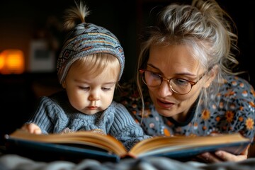 A mother and her toddler enjoying a reading session together, the warmth of the moment captured in their expressions.