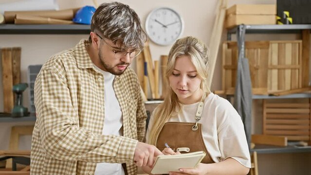 A man and woman, both carpenters, collaborate in a well-equipped woodworking workshop, discussing a project.