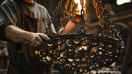 An artisan blacksmith displays a unique piece of functional art a chandelier made entirely of intricately forged horseshoes. Each individual piece adds to the overall beauty and functionality .