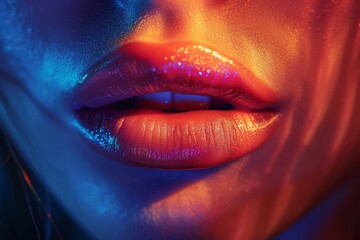 beautiful female lip makeup. Trendy girl trendy glowing lips makeup.  Glitter, Vivid neon colorful make up. Clab night disco party banner.