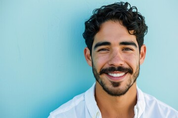 Portrait of handsome young man with beard and mustache smiling against blue background