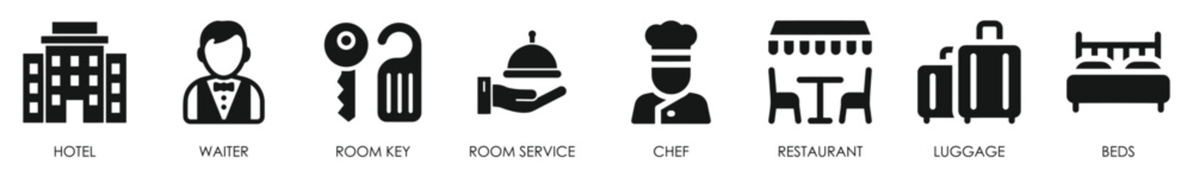 Hotel service icon set. Hospitality symbol, room, service, facilities and so on.