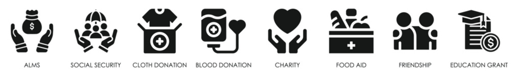 Charity icons set. Collection of hands, donations, hearts, unity and so on.