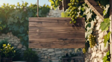 Blank mockup of a whimsical wooden wine vineyard entrance sign with a hanging g and playful...
