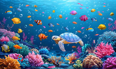 turtle with group of colorful fish and sea animals with colorful coral underwater in ocean. Generative Ai