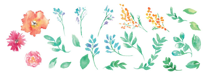 水彩画。水彩タッチの花と草木のベクターイラスト。植物のフレーム。Watercolor painting. Vector illustration of flowers and plants with watercolor touch. Frame of plants.