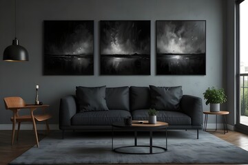 Living room with 3 three accent canvas square painting picture. Frames for art on a black wall. Gallery in dark colors with a light yellow sofa or couch. Rich exhibition mockup layout triptych - obrazy, fototapety, plakaty
