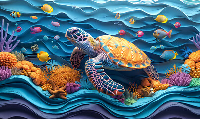 turtle with group of colorful fish and sea animals with colorful coral underwater in ocean. Generative Ai