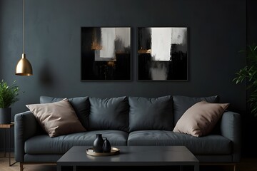 Living room with 3 three accent canvas square painting picture. Frames for art on a black wall....