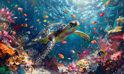 turtle with group of colorful fish and sea animals with colorful coral underwater in ocean....