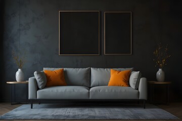 Living room with 3 three accent canvas square painting picture. Frames for art on a black wall. Gallery in dark colors with a light yellow sofa or couch. Rich exhibition mockup layout triptych