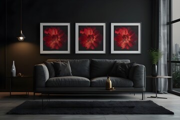 Living room with 3 three accent canvas square painting picture. Frames for art on a black wall. Gallery in dark colors with a light yellow sofa or couch. Rich exhibition mockup layout triptych