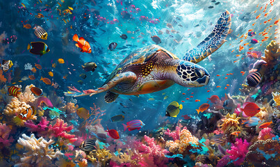turtle with group of colorful fish and sea animals with colorful coral underwater in ocean. Generative Ai