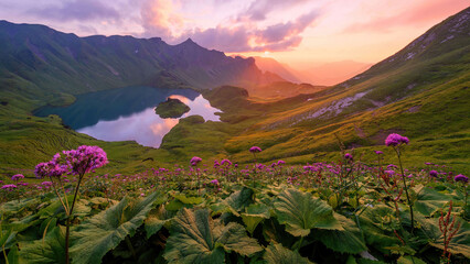 Sunset Majesty: Mountain Lake with Flowers & Breathtaking Scenery