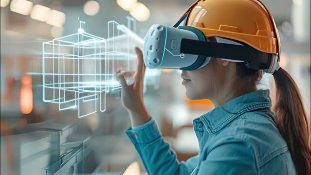engineer woman with VR headset immersed in VR virtual simulation of engineering hologram . Information technology concept.