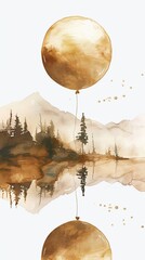 A gold watercolor balloon floating over a dreamy landscape representing freedom