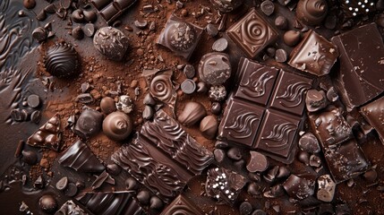 The concept of World Chocolate Day. Various chocolates in dark color. Space for text. Food background - obrazy, fototapety, plakaty