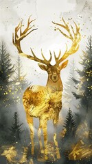 A golden watercolor deer in a mystical forest