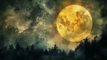 A golden watercolor full moon illuminating a quiet night forest - obrazy, fototapety, plakaty