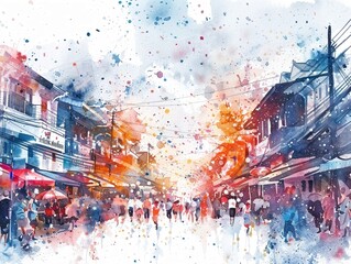 Festive Songkran watercolor scene city streets filled with joy and splashing
