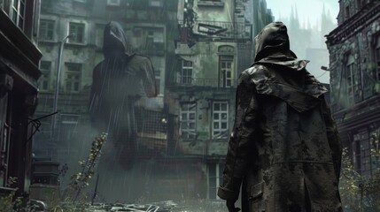 A detective standing in front of a rundown building their back to the camera as they survey the scene. In the background a hooded figure can be seen watching ominously from a distance. .