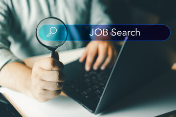 Hand holding a magnifying glass with the word JOB Search. Job vacancy concept. Searching job. Data search technology search engine optimization. HRM concept. Resource, choose and executive. - obrazy, fototapety, plakaty