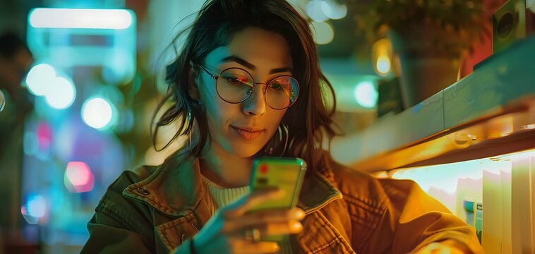 Dive into the world of financial technology with a real photo depicting a woman using her mobile phone for e-payment via mobile banking
