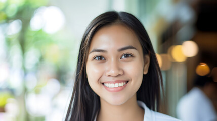 Close up headshot portrait of Asia woman smiling. - 782691530