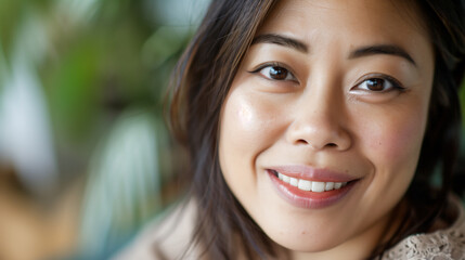Close up headshot portrait of Asia woman smiling. - 782691549