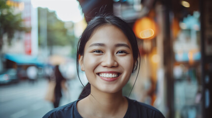 Close up headshot portrait of Asia woman smiling.