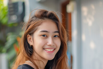 Close up headshot portrait of Asia woman smiling.