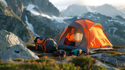 Tent and gear equipment for mountain camping landscape. - 782691718