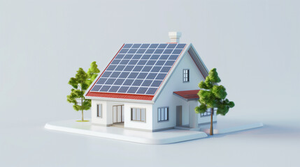 Smart home with solar panels rooftop system 3d model.