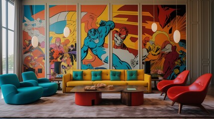 A pop art living room interior with vivid, contrasting colors, featuring oversized comic book panels on the walls and retro furniture pieces.