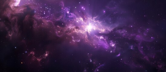 A stunning purple galaxy filled with twinkling stars and illuminated by a bright, glowing light in the vast universe