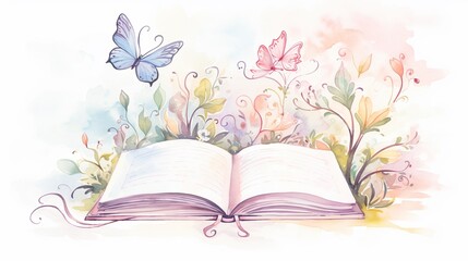 Watercolor depiction of a summer fairy tale book open, with the story spilling out into the real world Isolated on white background clipart  watercolor tone, pastel, 3D Animator © NanisHappy