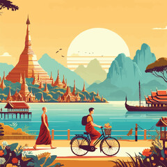 Obraz premium Free vector Asean scenery country background of myanmar with pagoda sea while monk on pilgrimage woman ride bicycle