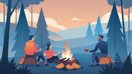 A family of four gathered around a cozy campfire in the middle of a clearing roasting marshmallows and hot dogs on skewers surrounded by tall