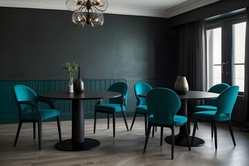 Meeting area or diningroom with large black round table and teal cyan chairs. Empty wall turquoise azure paint color accent. Dinning modern kitchen interior home or cafe. Mockup for art