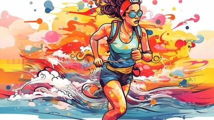 A female jogger running along a beach at sunset, the afterglow reflecting off her determined face  Water color of fairytale character in summer vibes fashion , Isolated on white background clipart