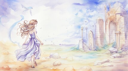 A female solo traveler marveling at ancient ruins, her adventurous spirit kindled by the stories of past summers  watercolor tone, pastel, 3D Animator