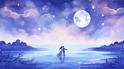 Fototapeta na wymiar A romantic scene of a couple dancing on the beach at night, with a gentle watercolor ocean under the moonlight watercolor tone, pastel, 3D Animator